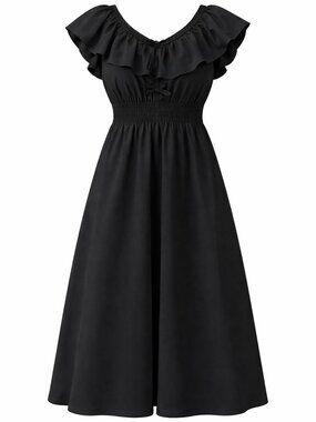 Women's Casual Boho Ruffle V Neck Cap Sleeve Dress, BLACK, Size LARGE